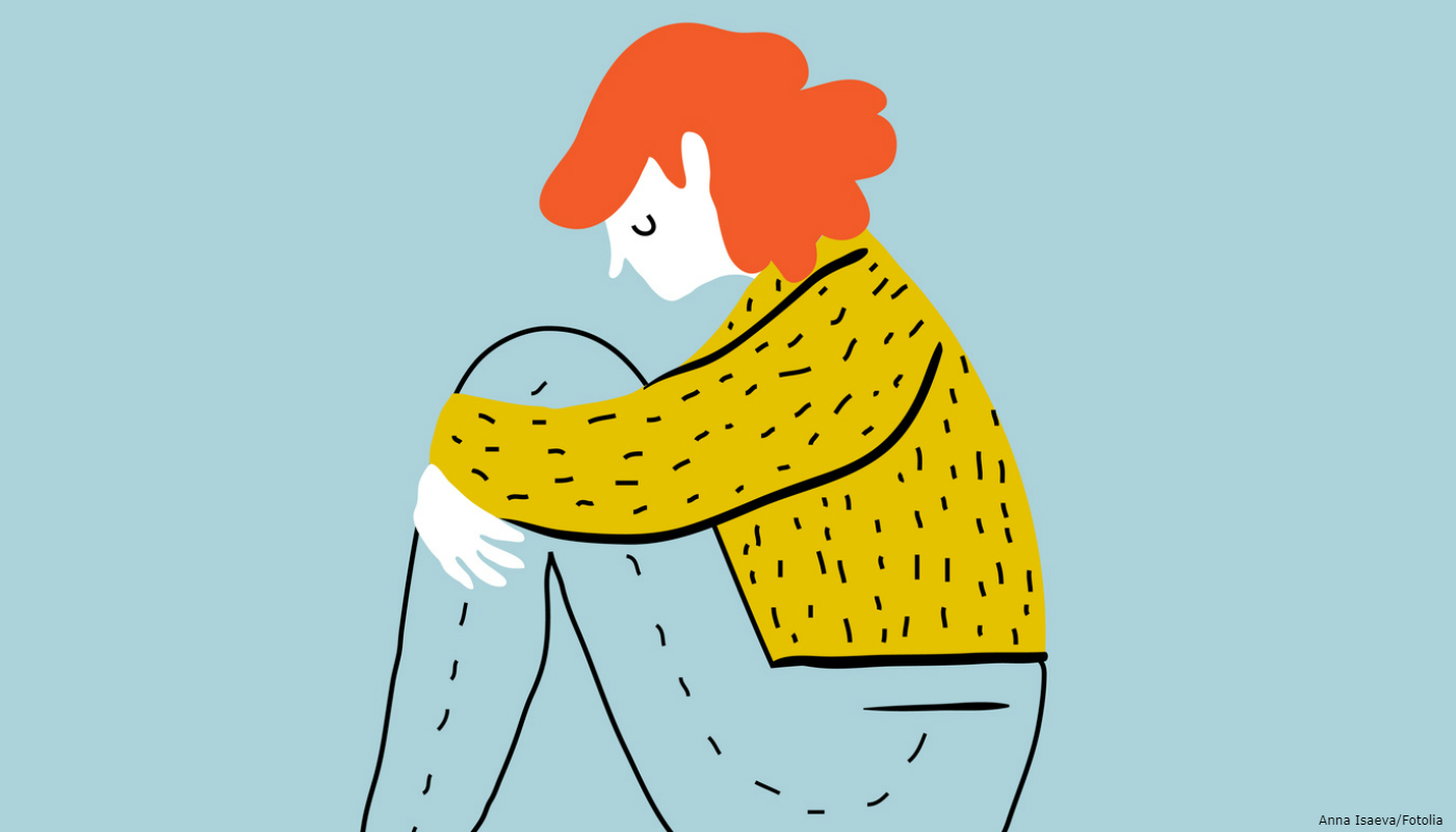 Ilustração de menina agachada e triste